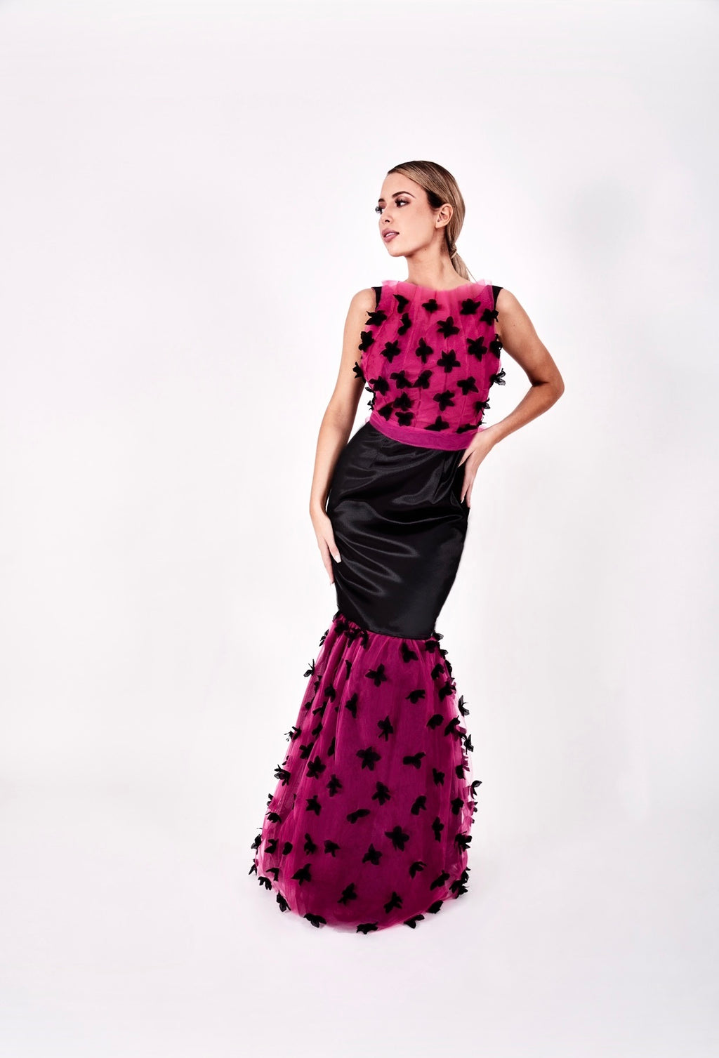 Pink and black low back gown.