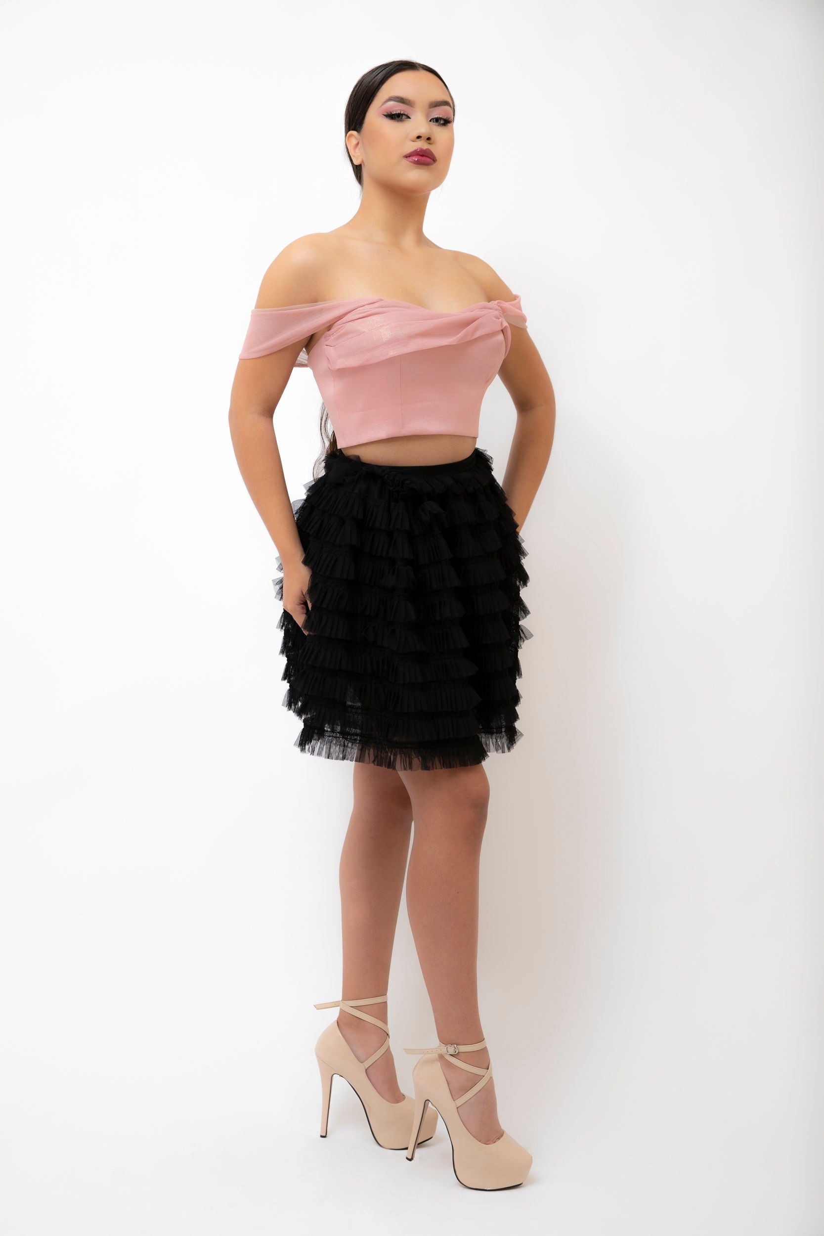 Black tulle skirt front view.