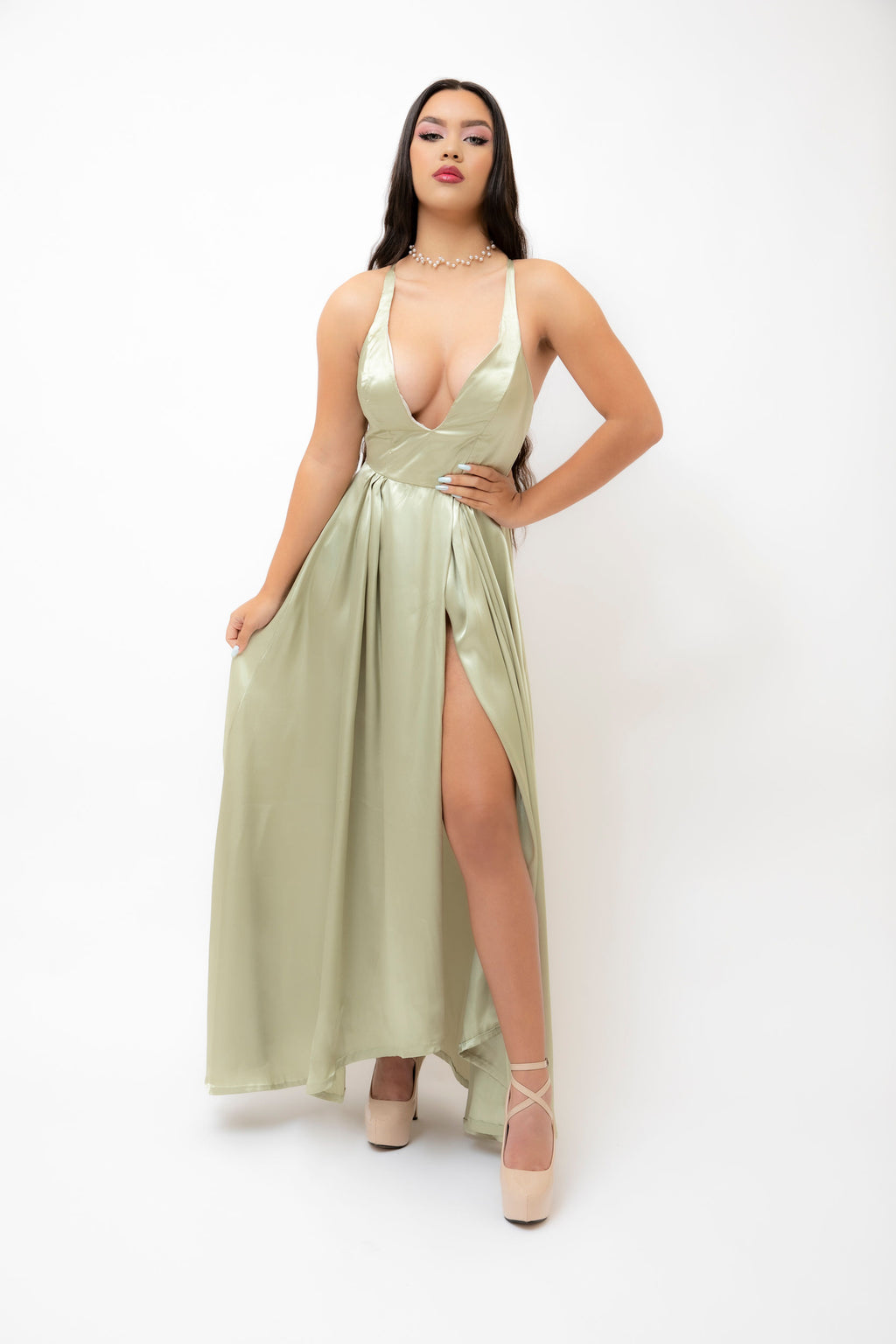 Green plunging gown.