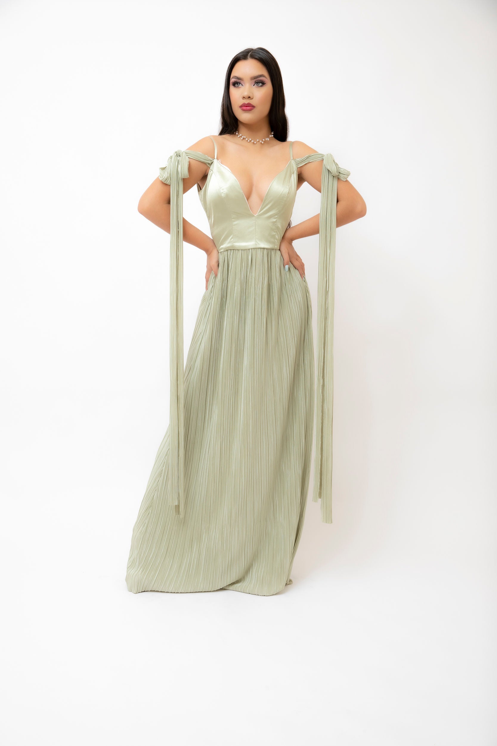 Green v-neckline gown front.