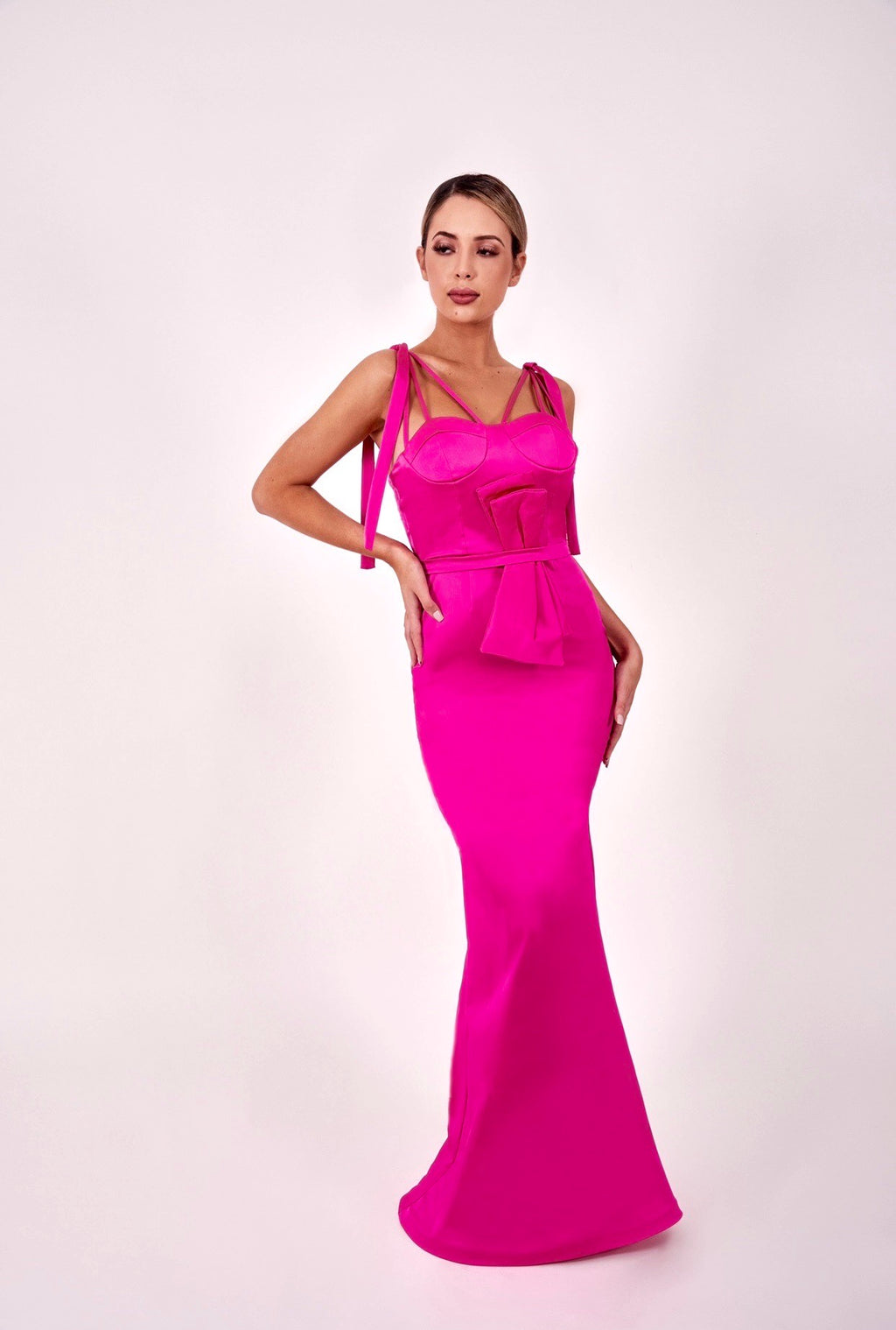 Hot pink strapless corset gown. Dress